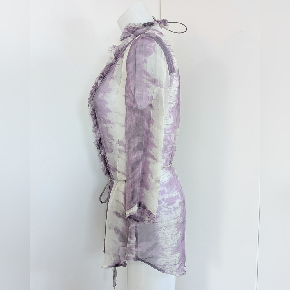 DA-NANG Silk Long Sleeve Tie Dye Blouse with Ruffle Front, Purple/Light Grey;SzM - Picture 6 of 10